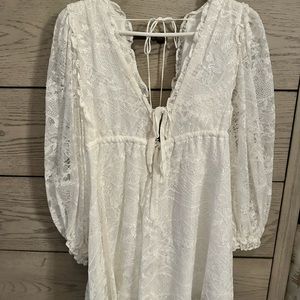 For Love & Lemons White Lace Shift Dress w/ Puff Sleeves